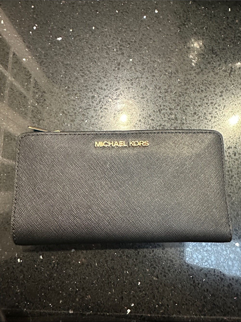 Michael Kors Black Saffiano Zip Wallet with Gold Logo